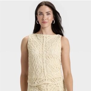 A NEW DAY WOMENS CREAM CROCHET Lined TANK TOP BLOUSE S Small Elegant Cottagecore